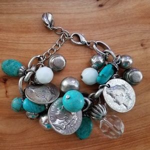 Turquoise, coin, beads and baubles bracelet